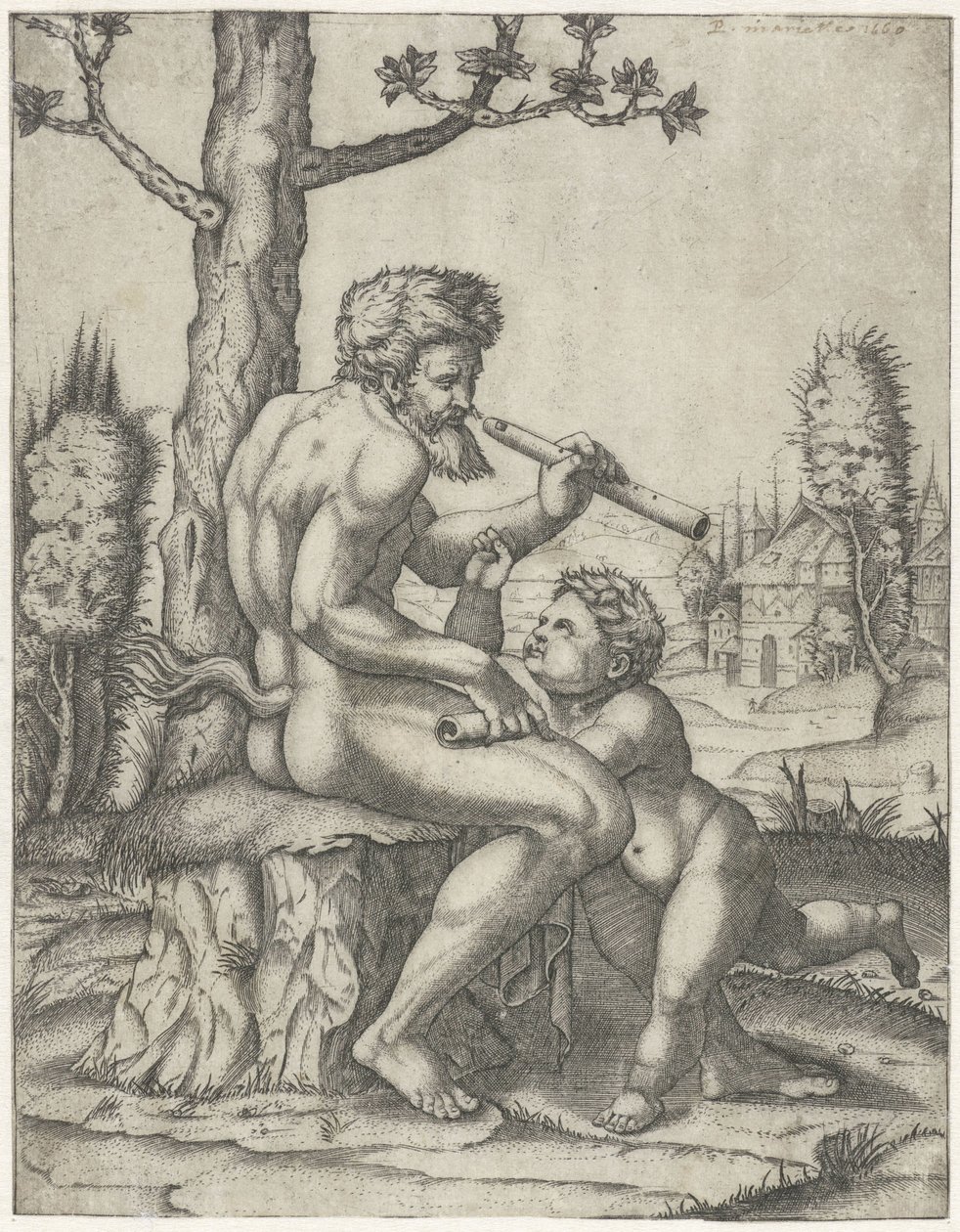 Faune avec flûte jouant avec un enfant - Marcantonio Raimondi