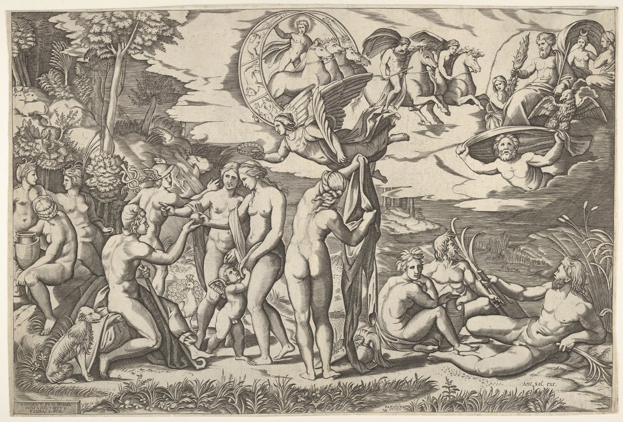 Le Jugement de Pâris : Pâris tend la main vers Vénus, qui se tient entre Junon et..., vers 1520-50 - Marcantonio Raimondi