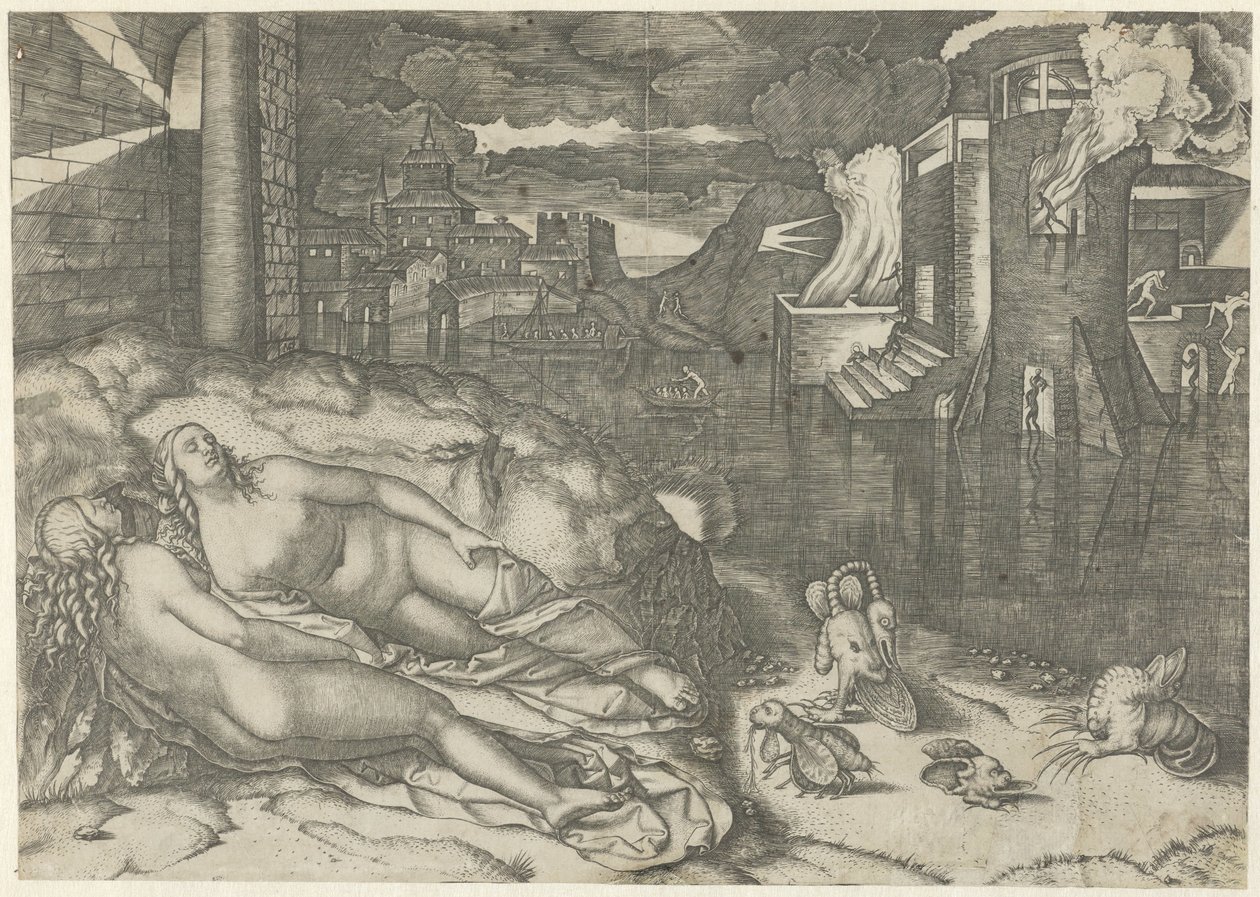 Paysage avec deux femmes nues endormies et des animaux fantastiques sur une rive près d