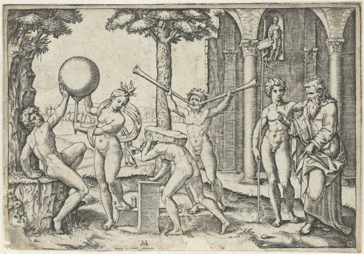 Homme avec deux trompettes et homme avec pierre sur le dos flanqué d