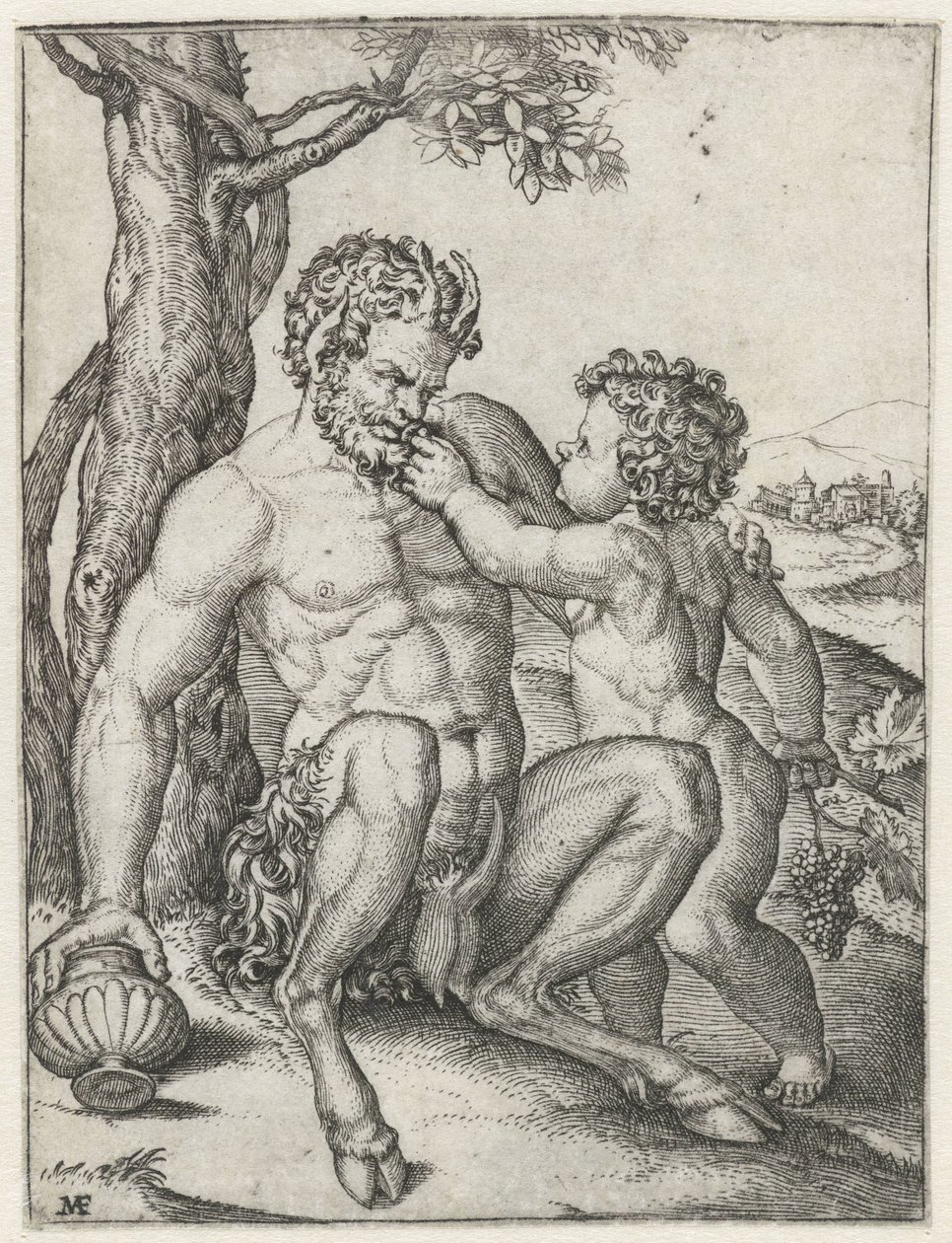 Pan avec une coupe et Bacchus enfant avec une grappe de raisin - Marcantonio Raimondi