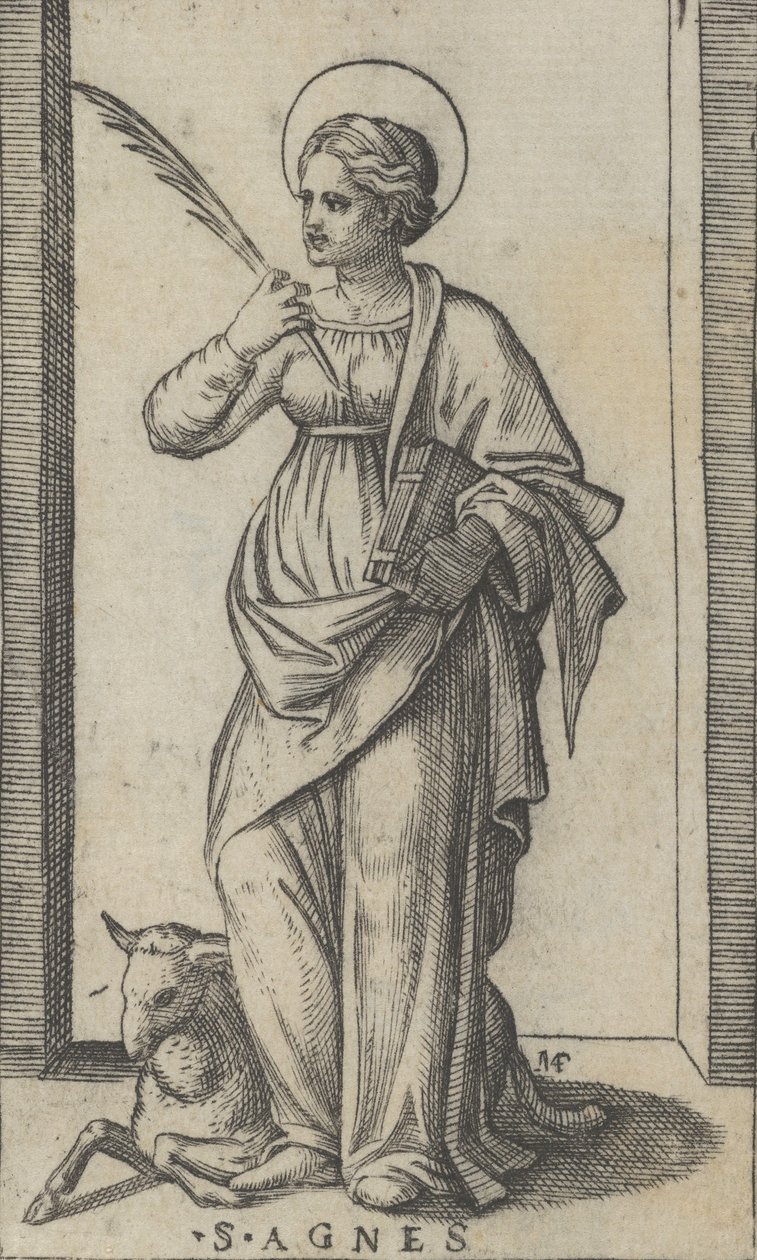 Sainte Agnès tenant une palme dans sa main droite, un mouton en bas à gauche, vers 1500-1527 - Marcantonio Raimondi