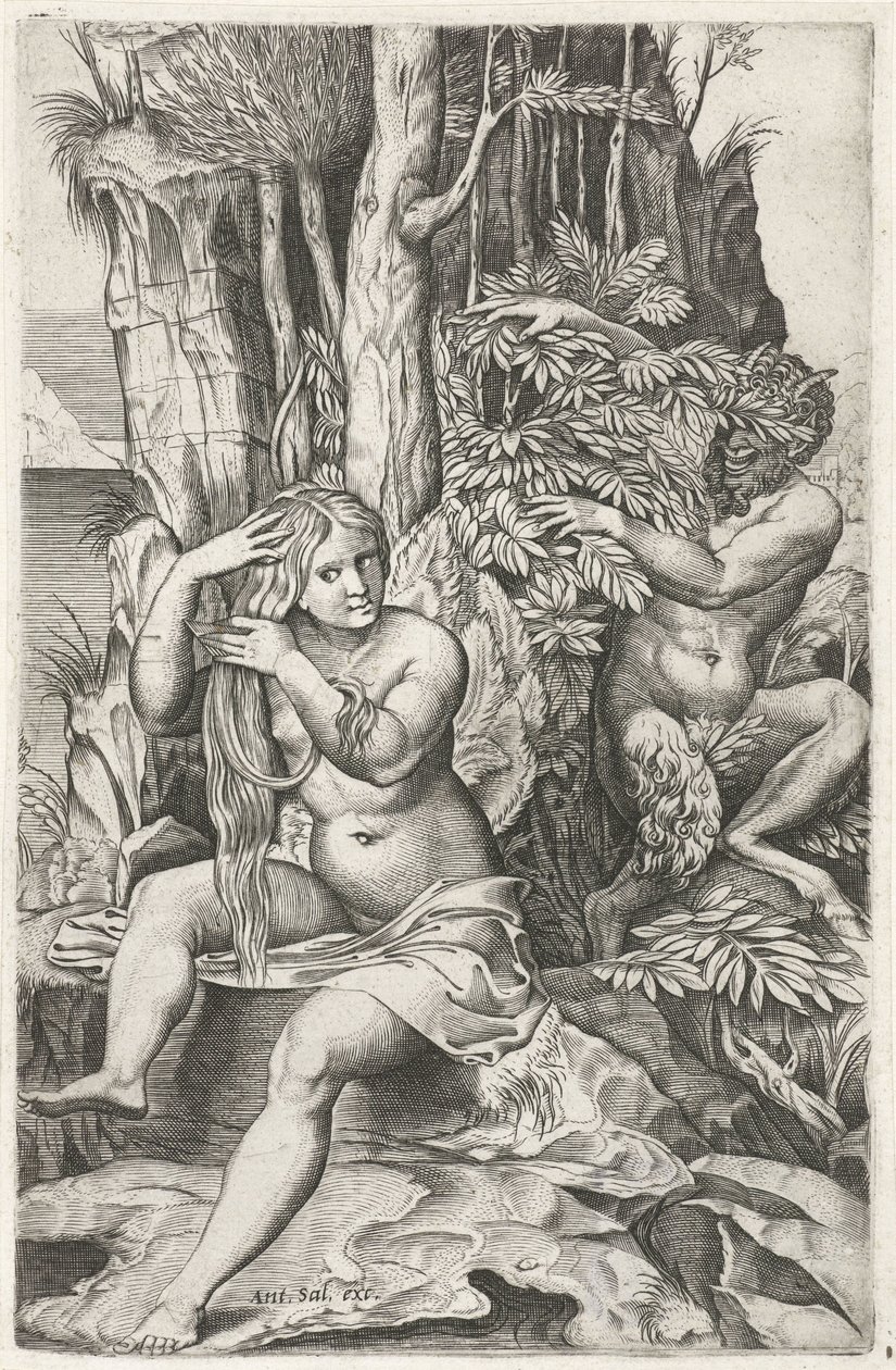 Satyre espionnant une nymphe pendant sa toilette (Pan et Syrinx) - Marcantonio Raimondi