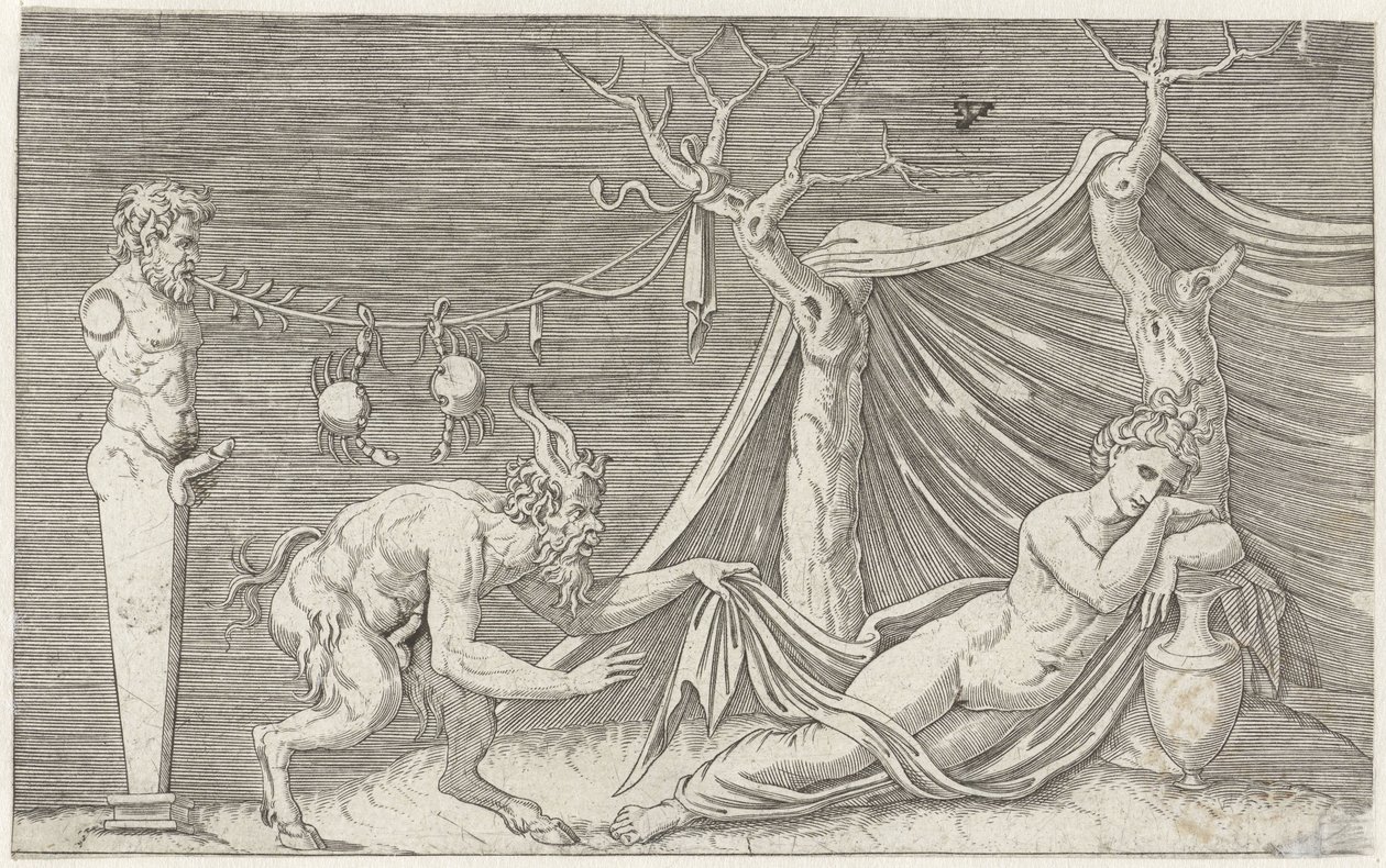 Satyre espionnant une nymphe endormie - Marcantonio Raimondi