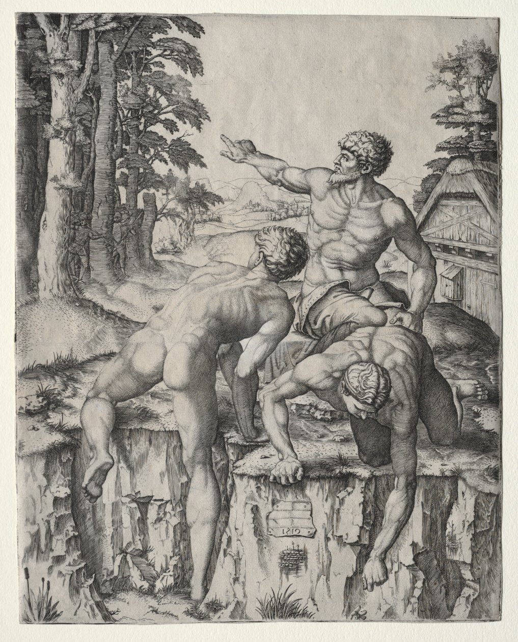 Les Grimpeurs Trois Figures de la Bataille de Cascina de Michel-Ange, 1510 - Marcantonio Raimondi