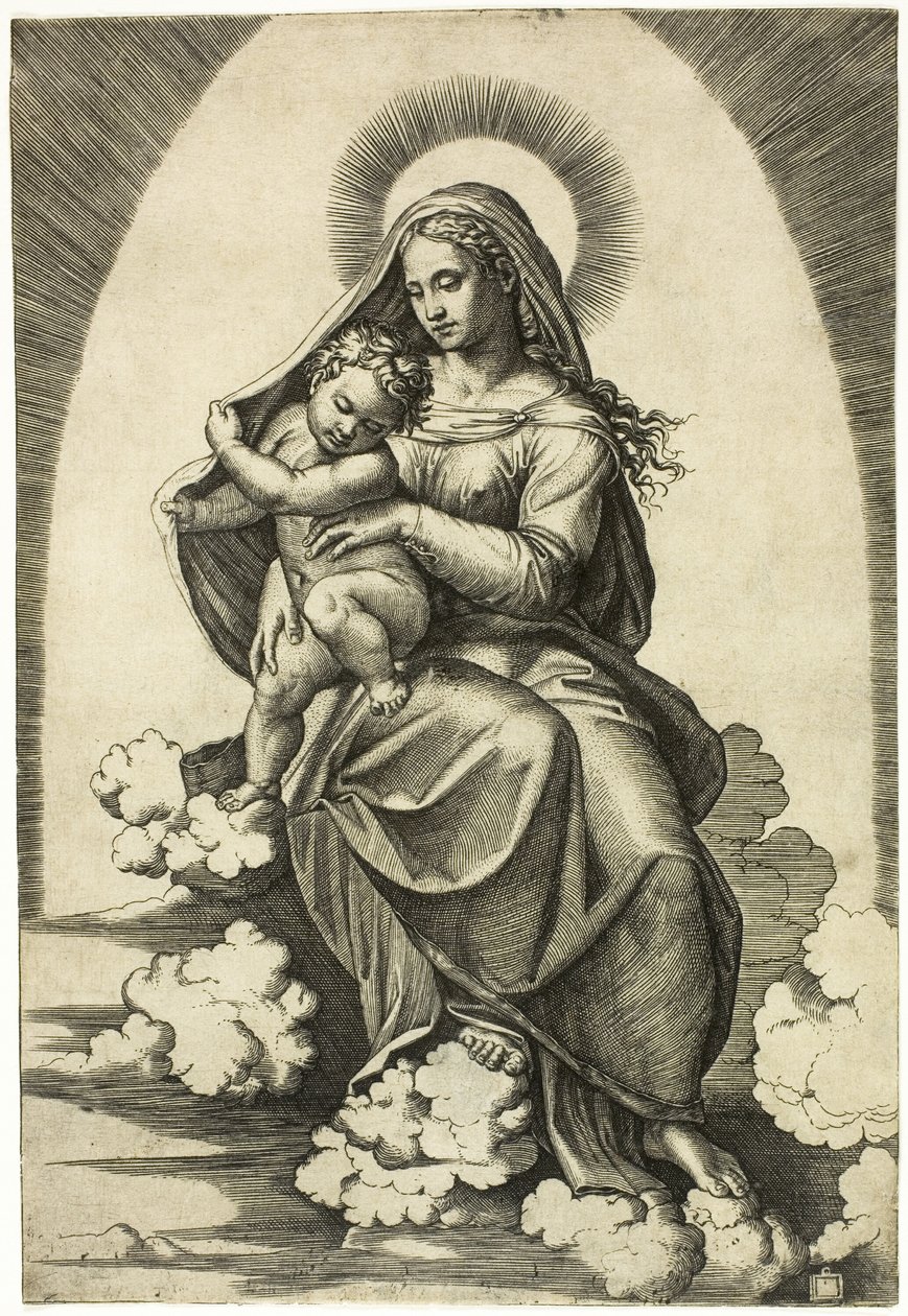 Vierge et enfant assis sur des nuages - Marcantonio Raimondi