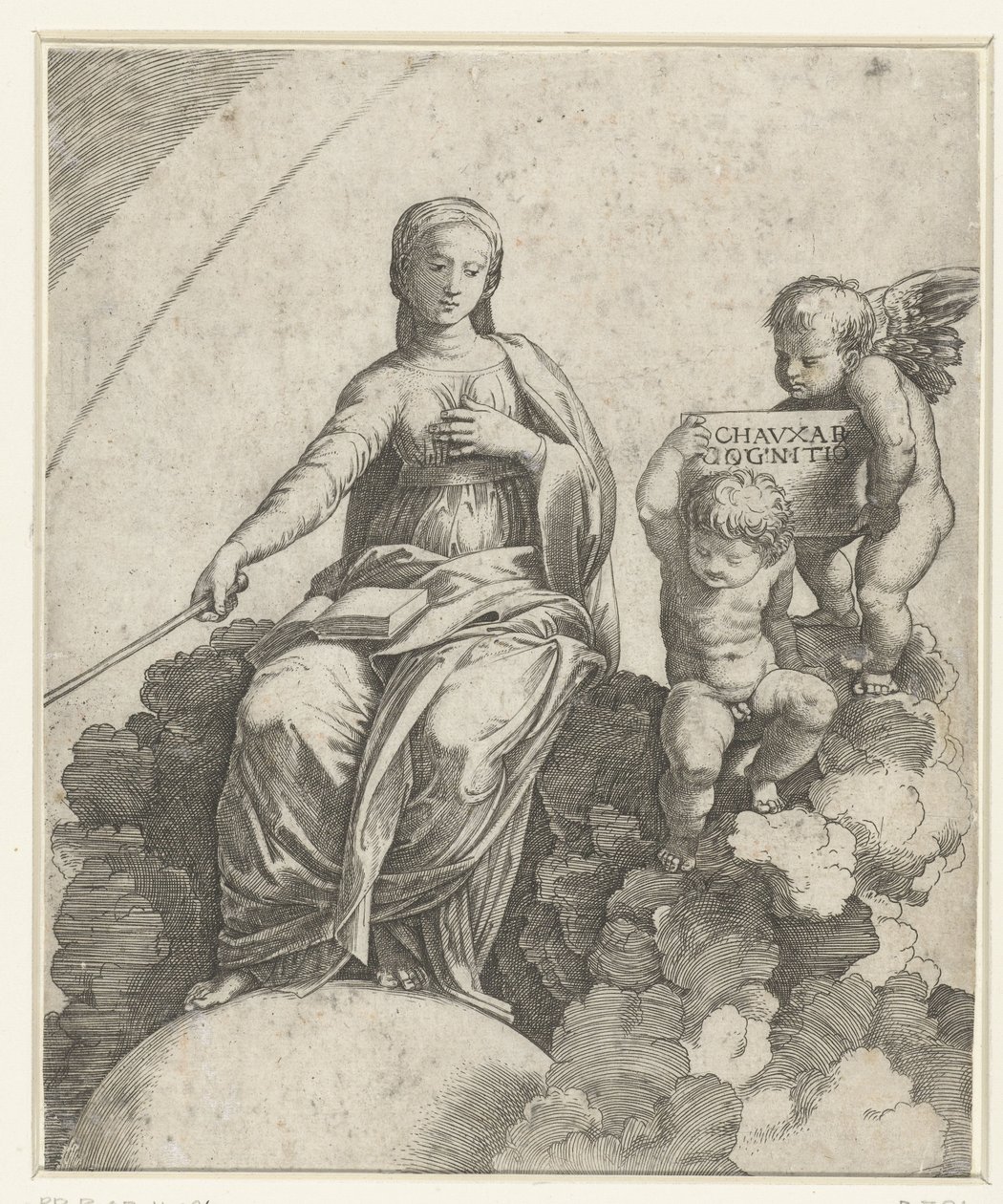 Femme avec livre et sceptre personnifiant la Philosophie, assise sur des nuages avec deux putti à ses côtés - Marcantonio Raimondi