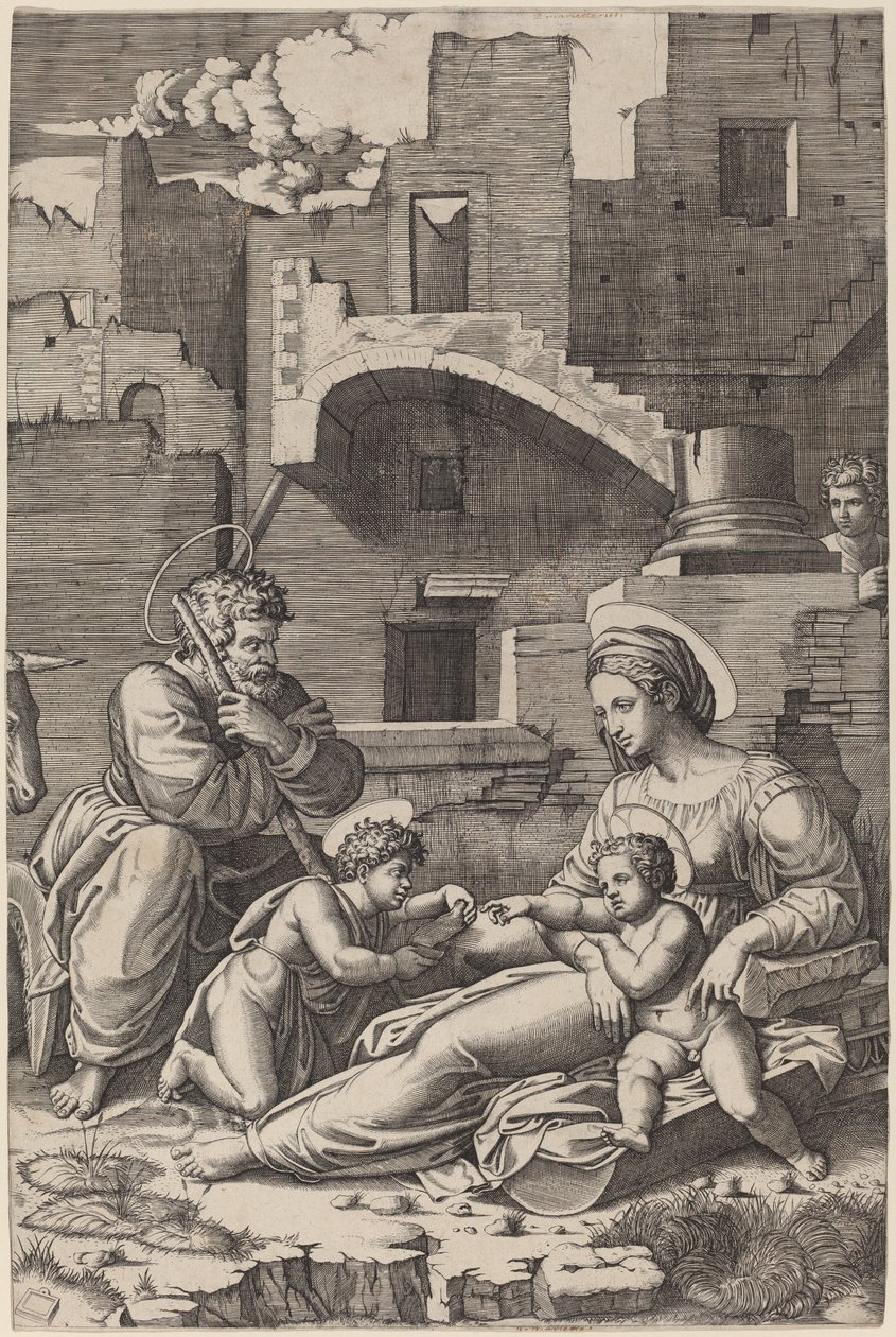 La Sainte Famille avec le jeune Saint Jean-Baptiste (La Madone de la longue cuisse) - Marcantonio Raimondi after Raphael