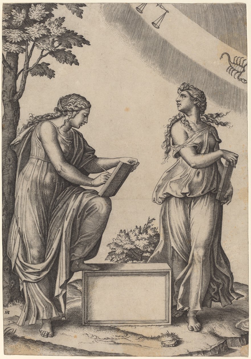 Deux femmes avec le zodiaque - Marcantonio Raimondi after Raphael