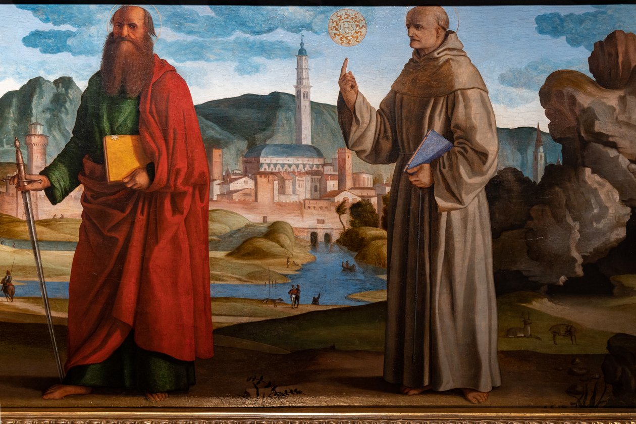 Saint François recevant les stigmates parmi Sainte Claire et Pierre, le bienheureux Bartolomeo de Breganze, et Saint Paul et Bernardino, détail - Marcello Fogolino