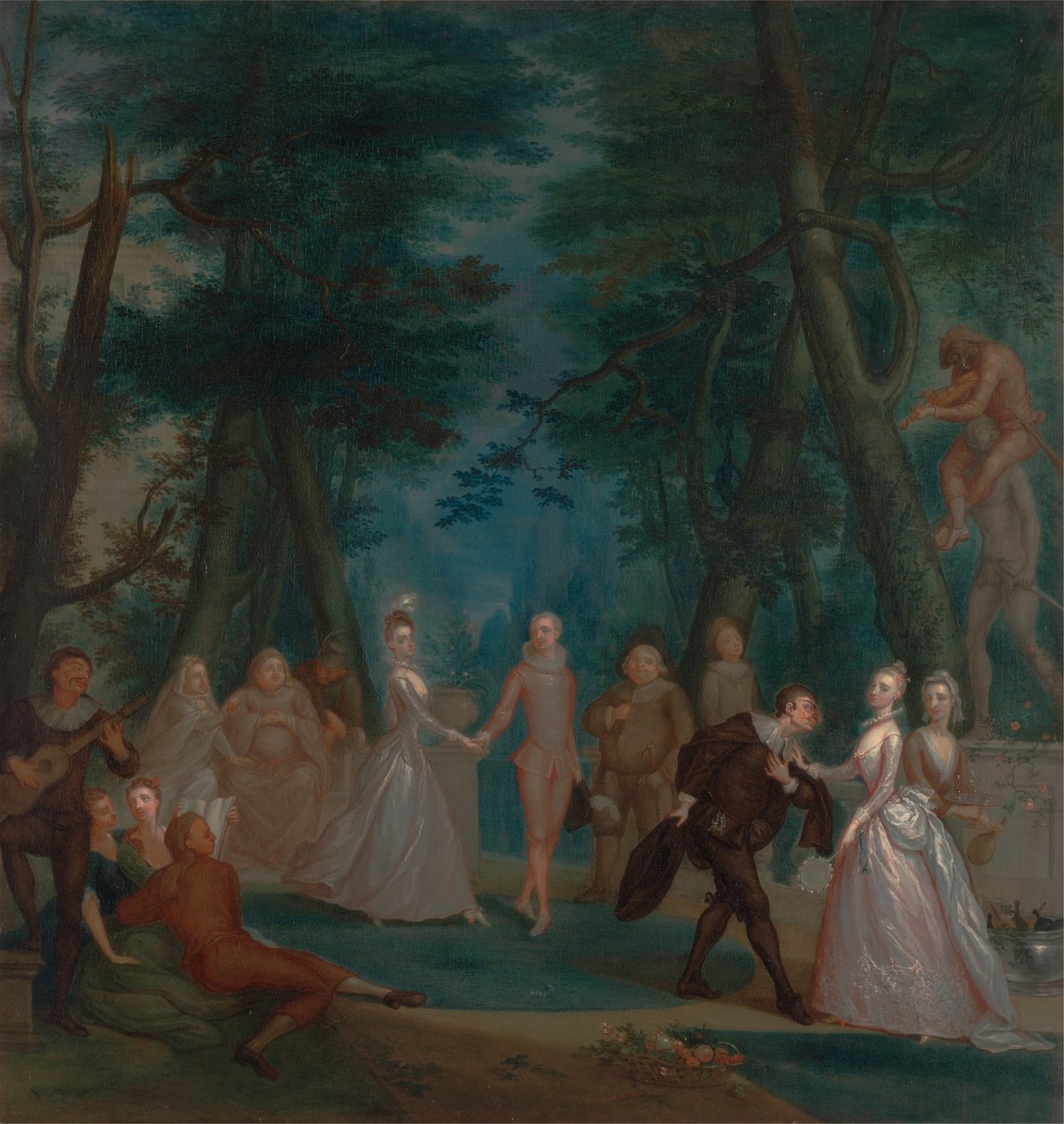 Scène dans un parc, avec des personnages de la Commedia dell