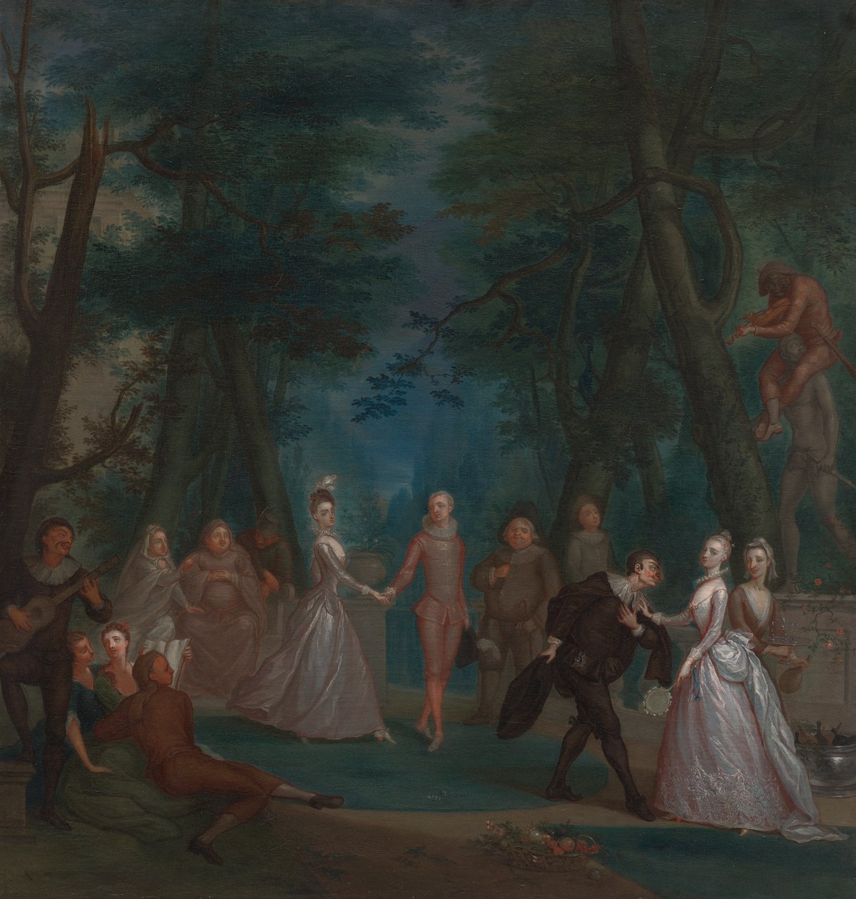 Scène dans un parc, avec des personnages de la Commedia dell