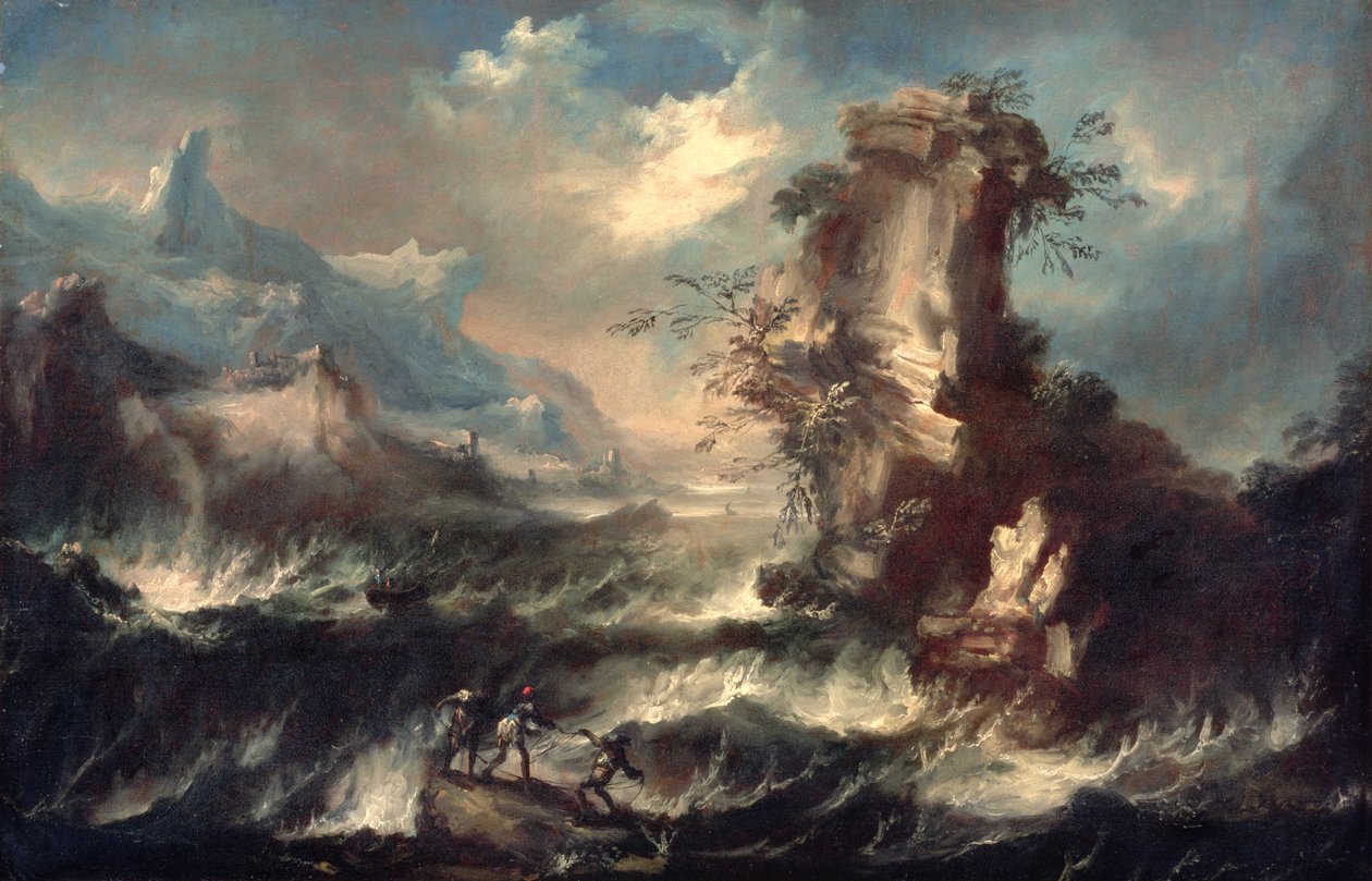 Paysage marin italien avec rochers et personnages - Marco Ricci