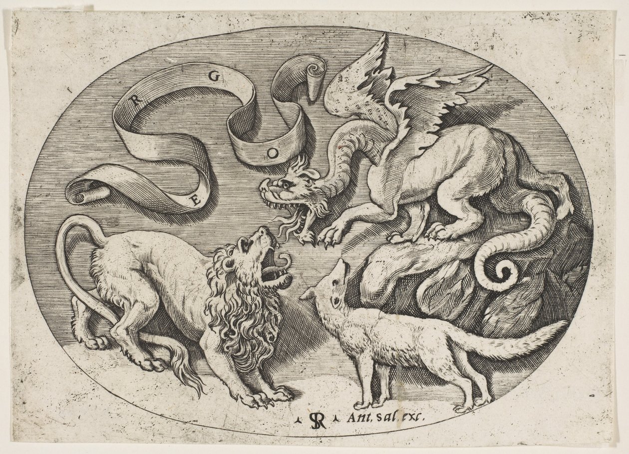 Un lion, un dragon et un renard se battant, une banderole inscrite au-dessus, un ovale, vers 1515-1527 - Marco Dente