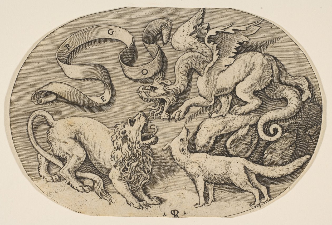 Un lion, un dragon et un renard se battant, une banderole inscrite au-dessus, un ovale, vers 1515-27 - Marco Dente