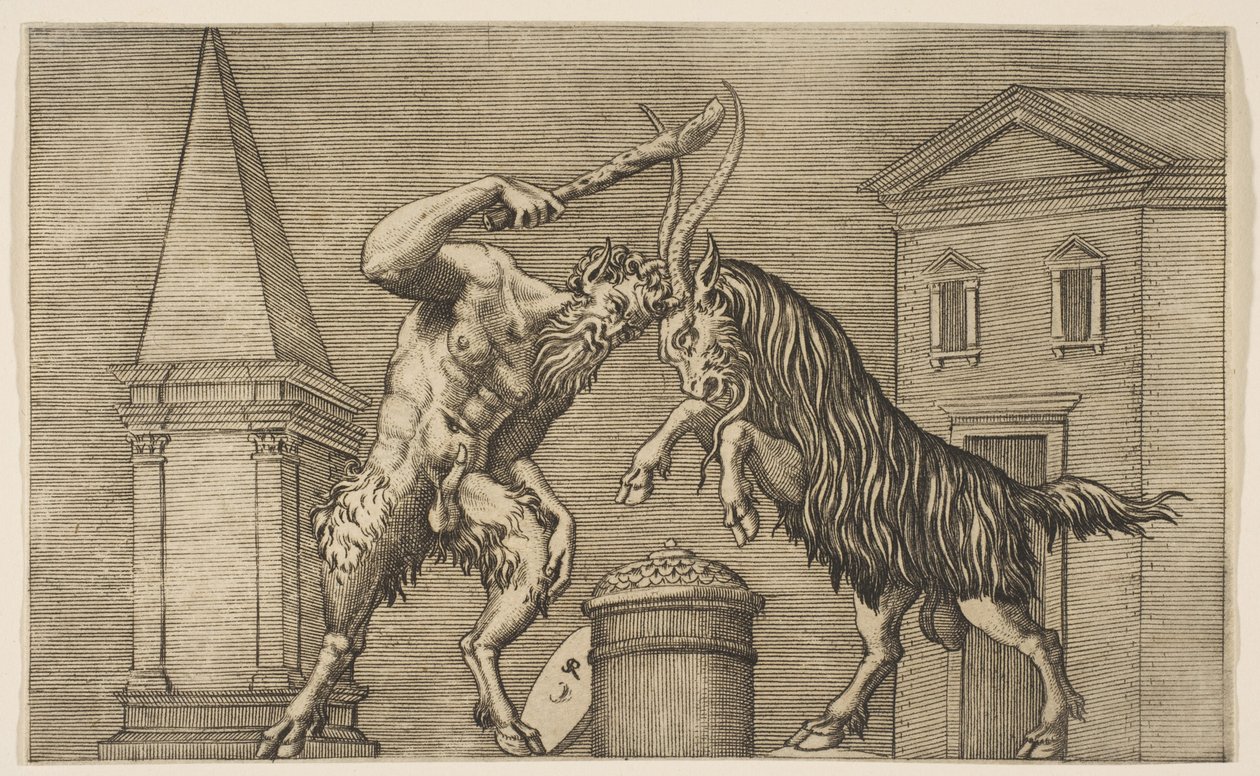 Un satyre et un bélier s