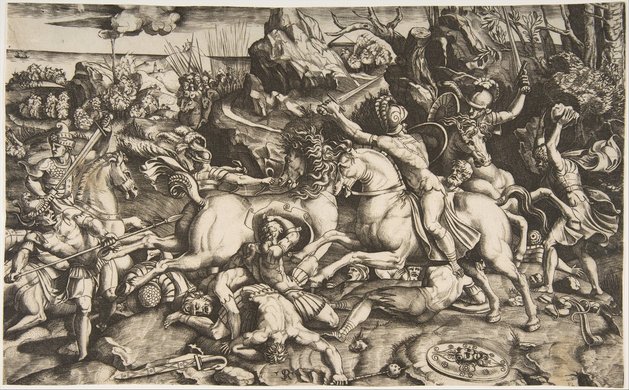Scène de bataille dans un paysage avec des soldats à cheval et plusieurs hommes tombés, autre..., vers 1520 - Marco Dente