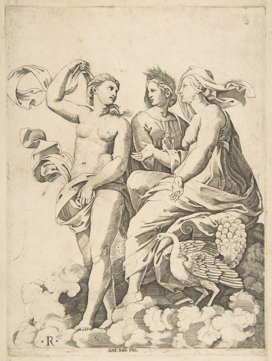 Junon, Cérès et Psyché dans les nuages conversant, Junon assise avec un paon à ses côtés..., vers 1515-27 - Marco Dente