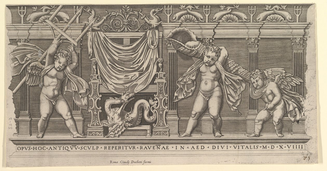 Speculum Romanae Magnificentiae: Bas-relief avec trois cupidons - Marco Dente