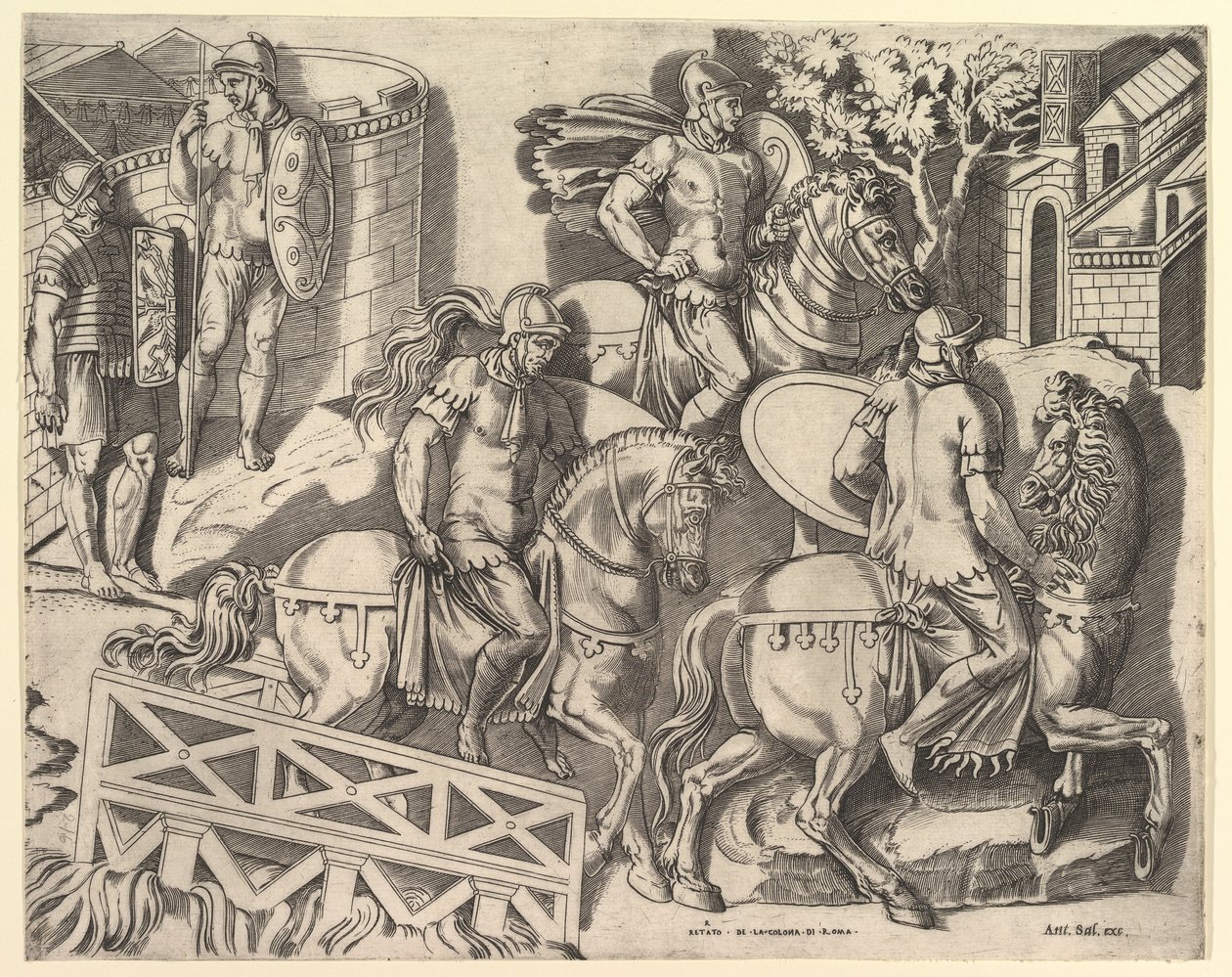 Speculum Romanae Magnificentiae : Cavaliers romains traversant un pont de Trajan, 16ème siècle - Marco Dente