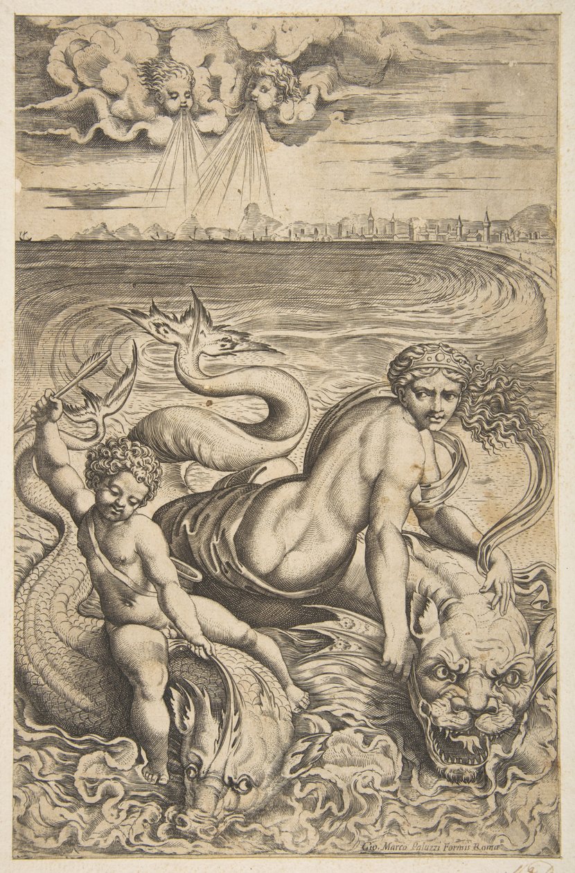 Vénus et Cupidon chevauchant deux monstres marins, Cupidon lève une flèche dans sa main droite - Marco Dente