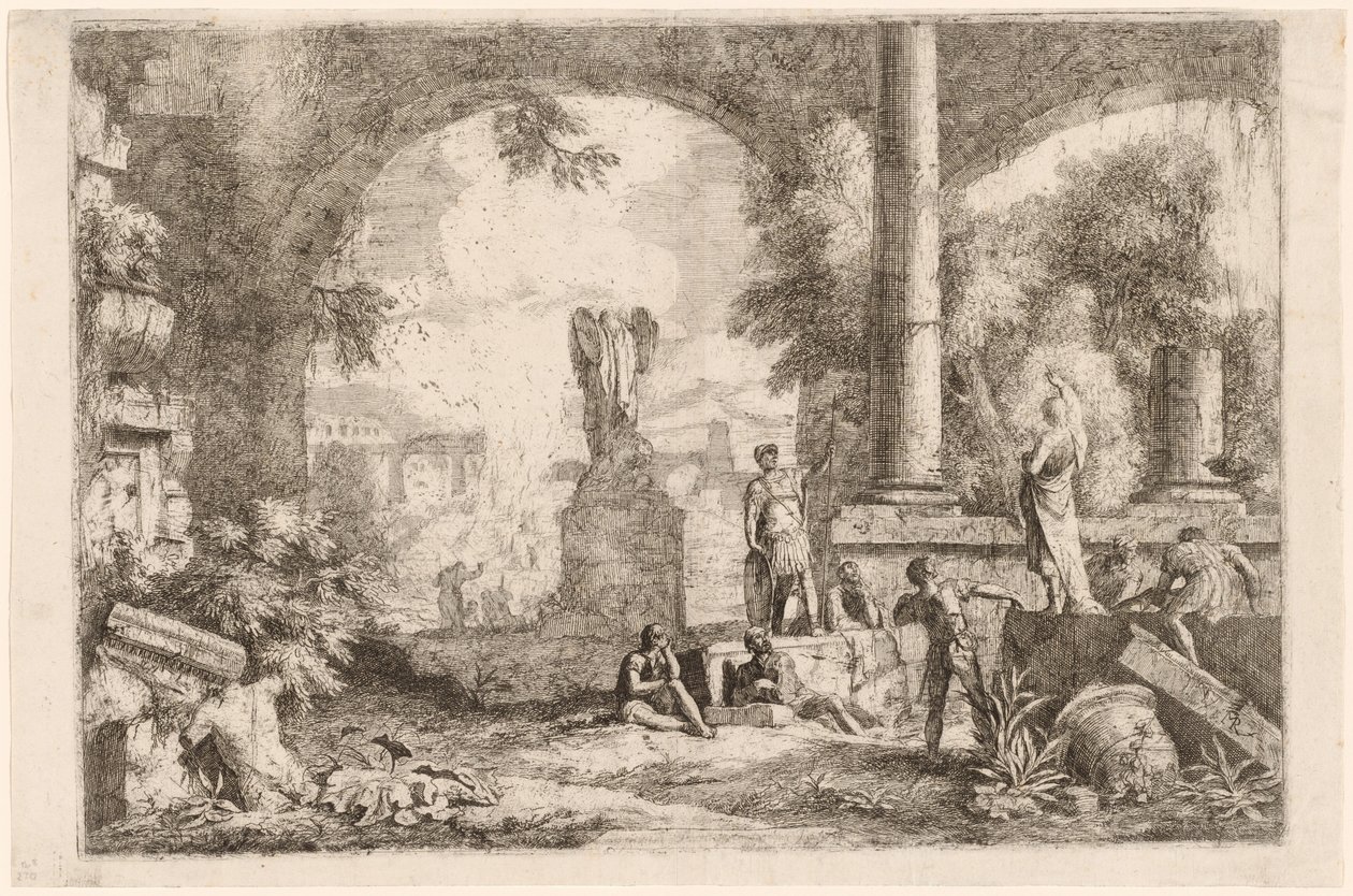 Caprice de ruines antiques avec des hommes regardant un orateur classique - Marco Ricci