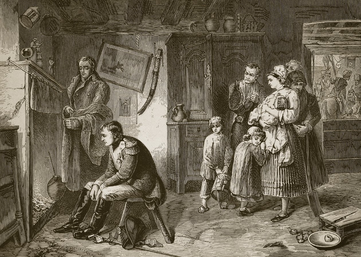 Napoléon cherche du repos dans une chaumière au bord de la route après sa défaite à Waterloo, gravé par J.D. Cooper - Marcus Stone