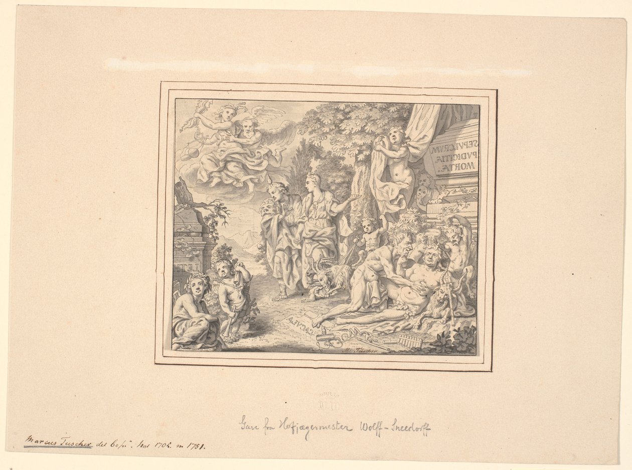 Feuille allégorique avec le Silène ivre et d