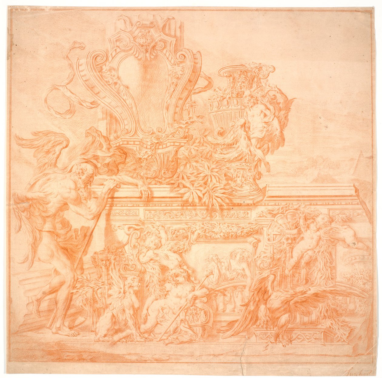 Esquisse de décoration avec un vieil homme symbolisant le temps, un bouclier, un vase, un aigle et plusieurs figures allégoriques - Marcus Tuscher