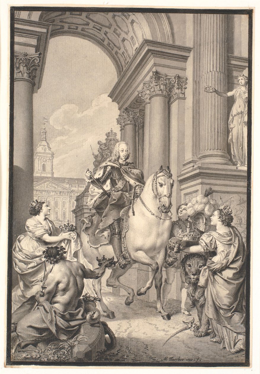 Travail préparatoire pour la peinture : Le Danemark et la Norvège rendent hommage à Chr. VI (brûlé avec Christiansborg en 1794) - Marcus Tuscher