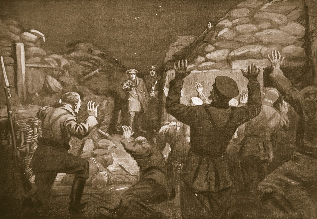 Un officier allemand et quatorze de ses hommes implorent la pitié du lieutenant Leach (lithographie). - Margaret Dovaston
