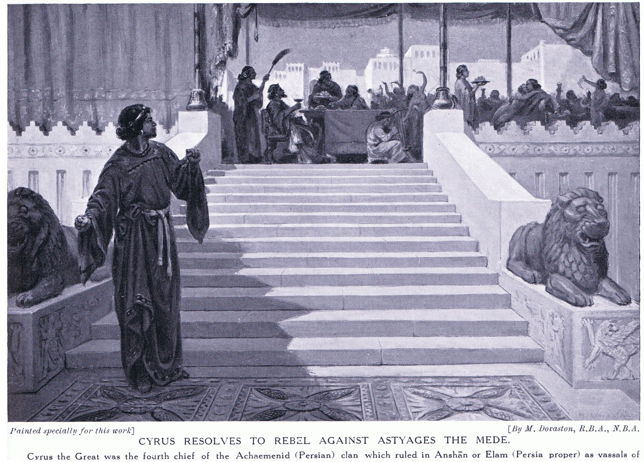 Cyrus décide de se rebeller contre Astyages le Mède 550 av. J.-C. (litho) - Margaret Dovaston