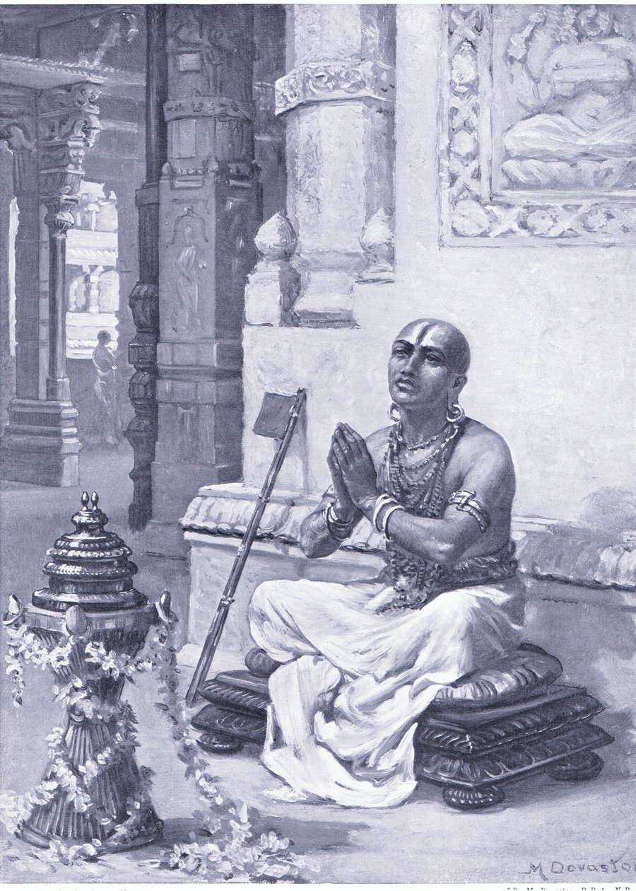 Ramanuja contemplant sa philosophie du Dieu personnel unique 1100 AD (litho) - Margaret Dovaston