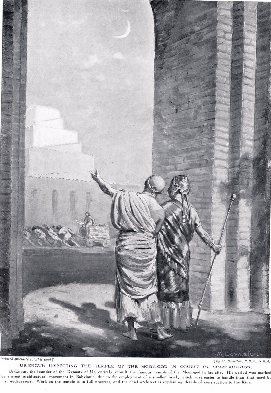 Ur-Engur inspectant le temple du dieu de la Lune en cours de construction, illustration tirée de l