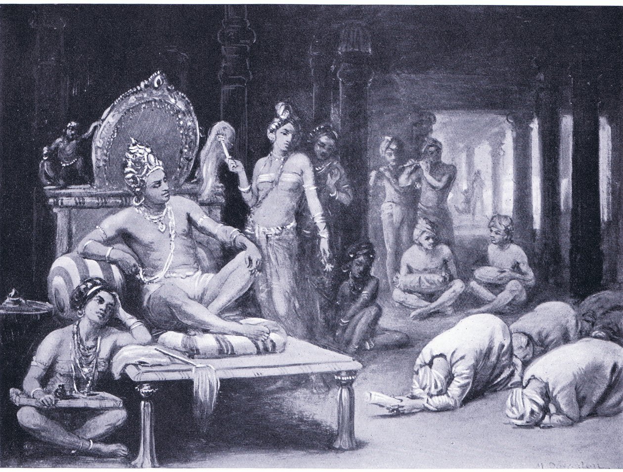 Vikramanka Chalukhya envoie un message amical à Kulottunga Chola (litho) - Margaret Dovaston