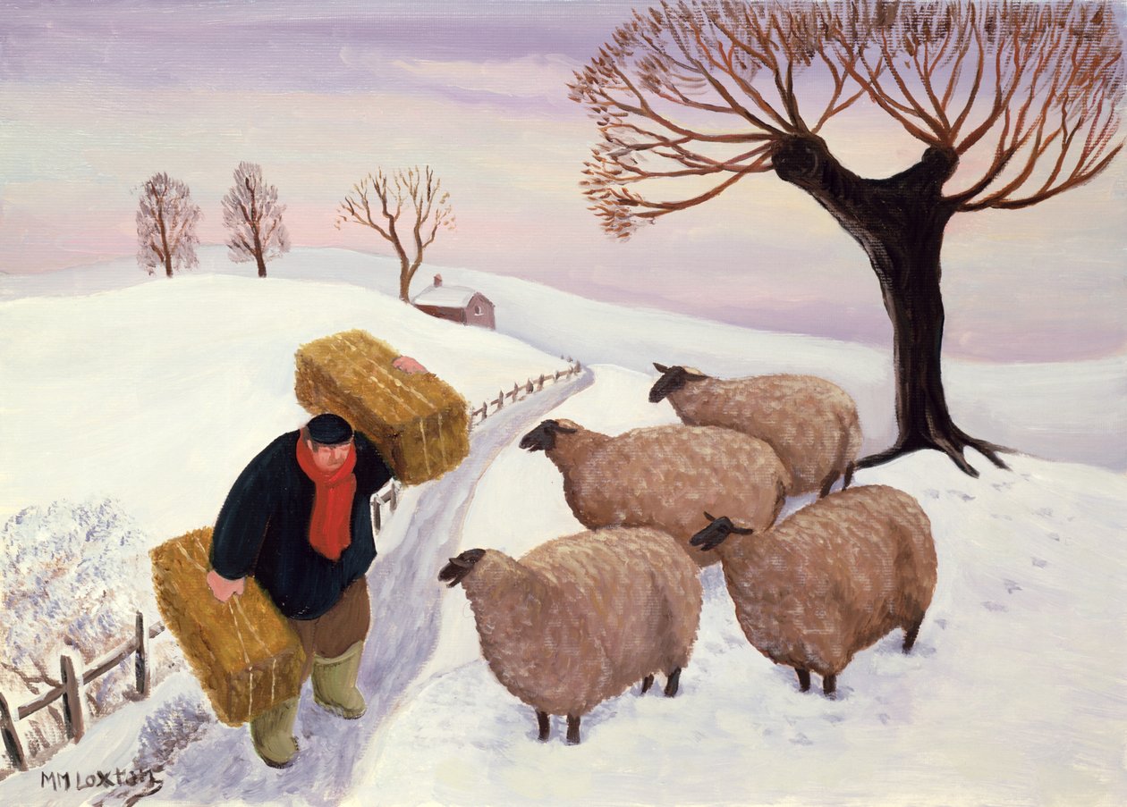 Porter du foin aux moutons en hiver - Margaret Loxton