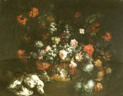 Roses, tulipes, jacinthes, lilas et autres fleurs dans un panier avec des oiseaux morts - Margarita (attr. to) Caffi