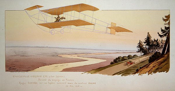 Roger Sommer (1877-1965) volant une distance record dans son biplan Sommer de Charleville à Verdun, mai 1910, publié par Mabileau, Paris - Marguerite (fl.1909 14) Montaut