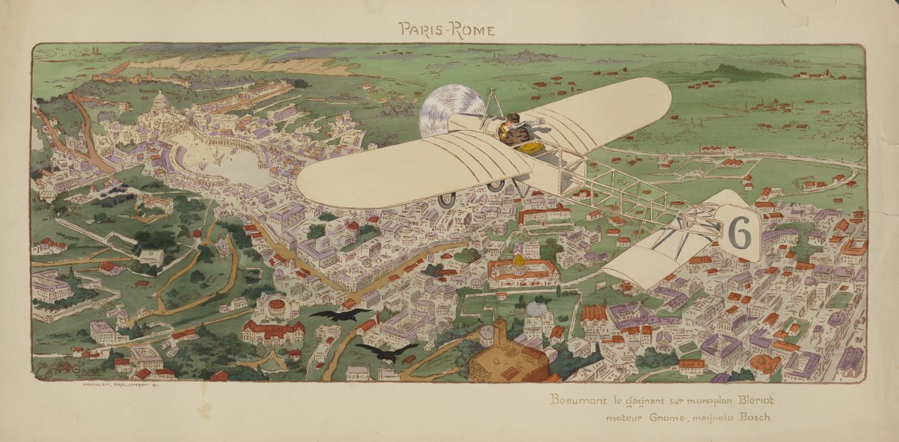 Le monoplan Bleriot de Beaumont arrivant à Rome, gagnant la course aérienne Paris-Rome - Marguerite (fl.1909 14) Montaut