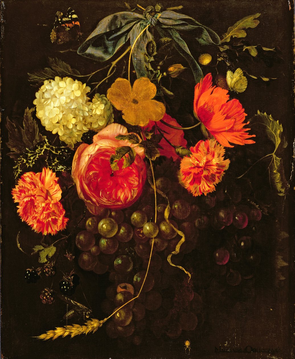 Nature morte avec une guirlande de fruits et de fleurs attachée avec un ruban bleu - Maria van Oosterwyck