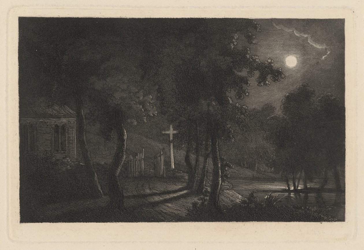 Chapelle au bord du lac au clair de lune - Maria Anna Fischer