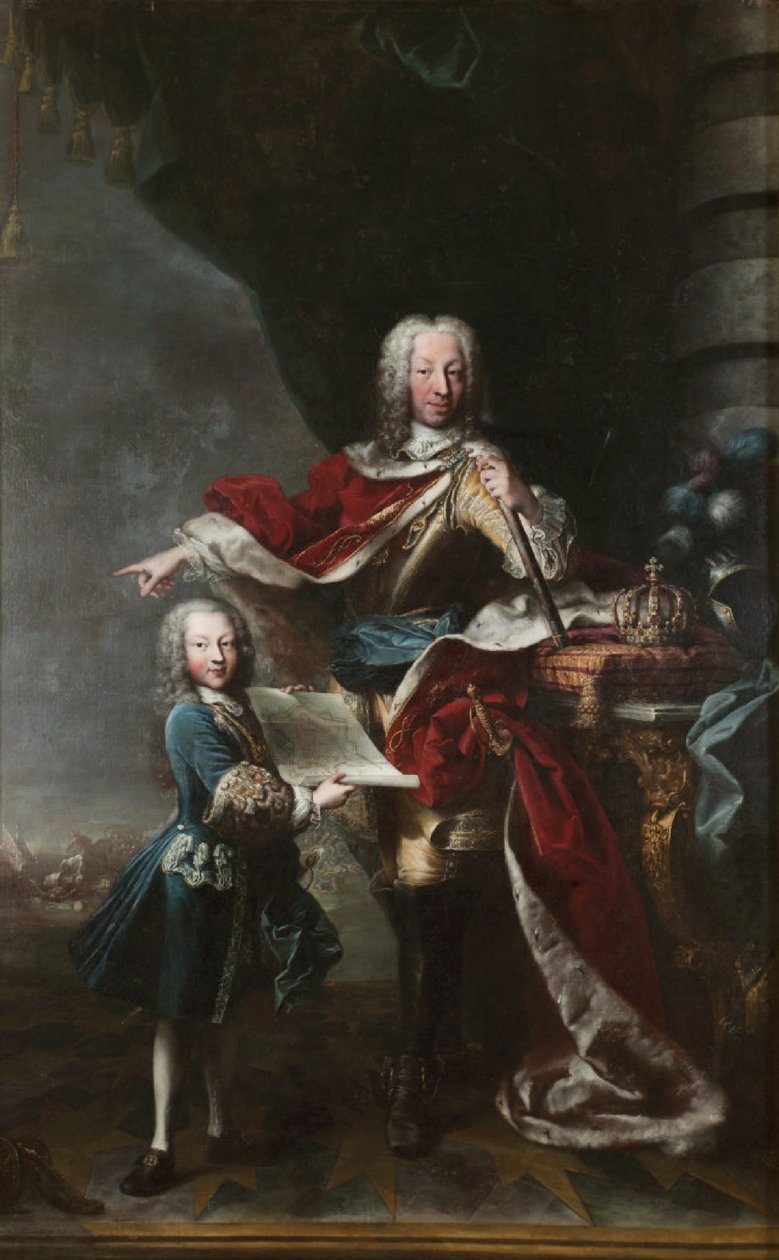 "Victor Amadeus III enfant montre à son père Charles Emmanuel III de Savoie la carte du château de Milan. Portrait de Charles Emmanuel III et Victor Amadeus III de Savoie". - Maria Giovanna Clementi