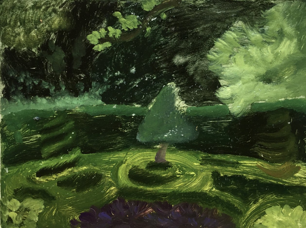 Paysage avec jardin vert à Londres, 2019 (huile sur papier) - Maria Magenta