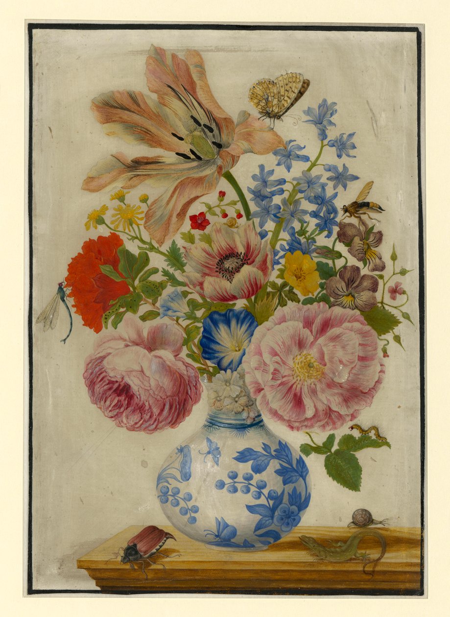 Vase chinois orné de roses, de pavots et d