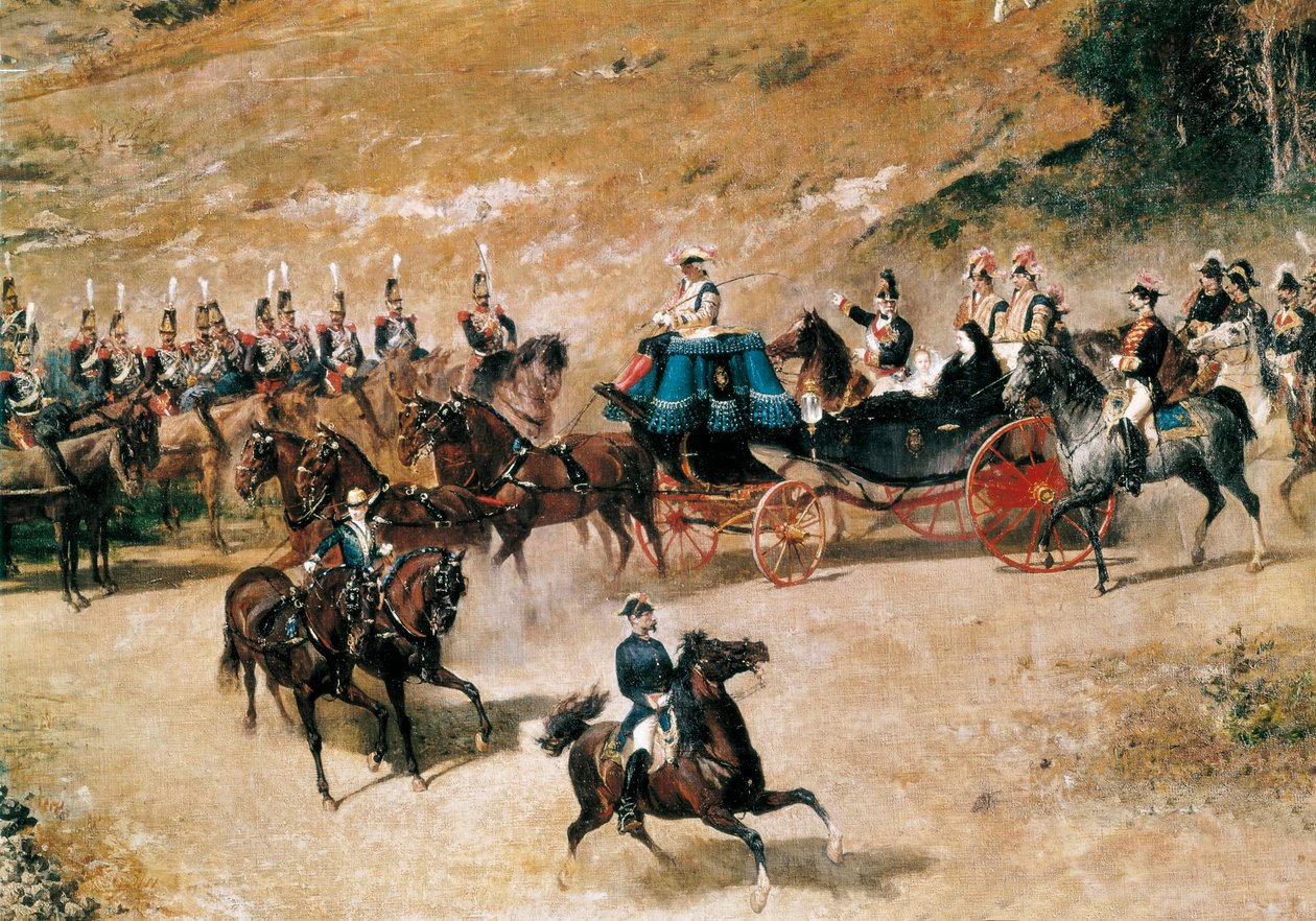 La reine María Cristina et sa fille, Isabel II, passant en revue les batteries d