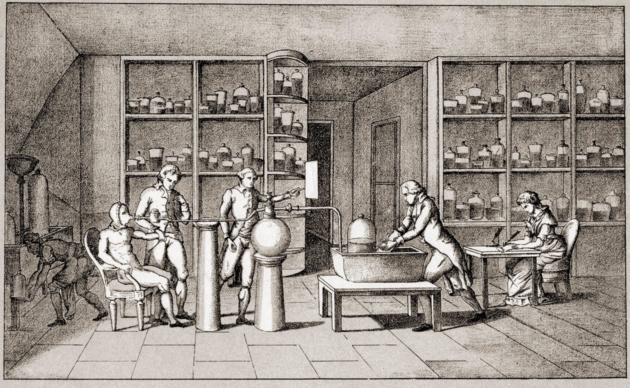 Antoine Laurent de Lavoisier (1743-1794), chimiste français menant une expérience sur la respiration de l