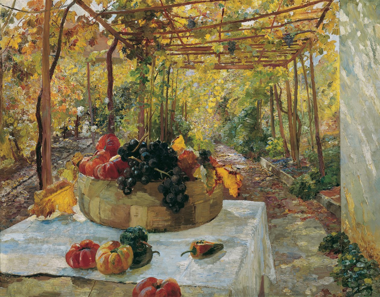 Dans la pergola, vers 1910 (huile sur papier sur carton) - Marie Egner