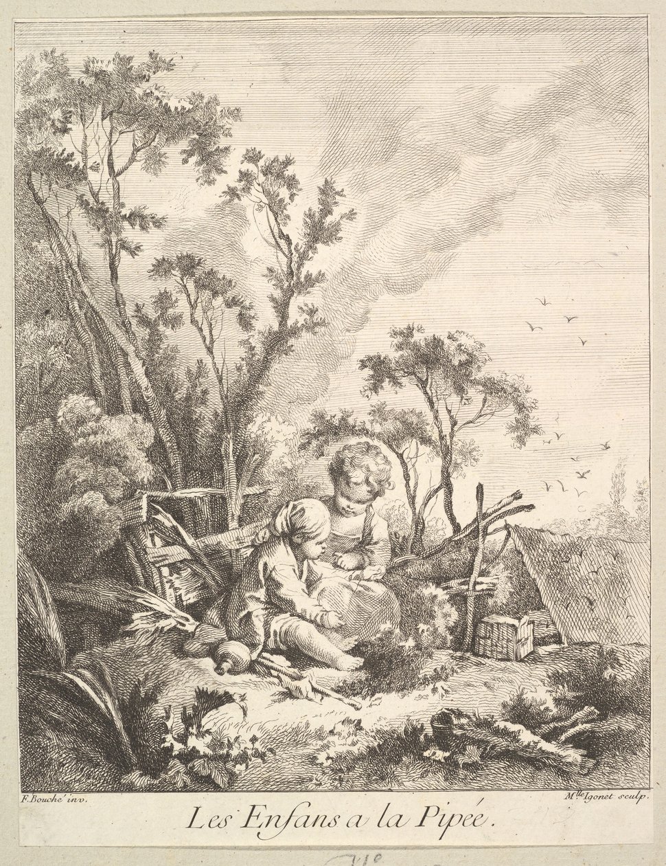 Enfants attrapant des oiseaux - Marie Madeleine Igonet