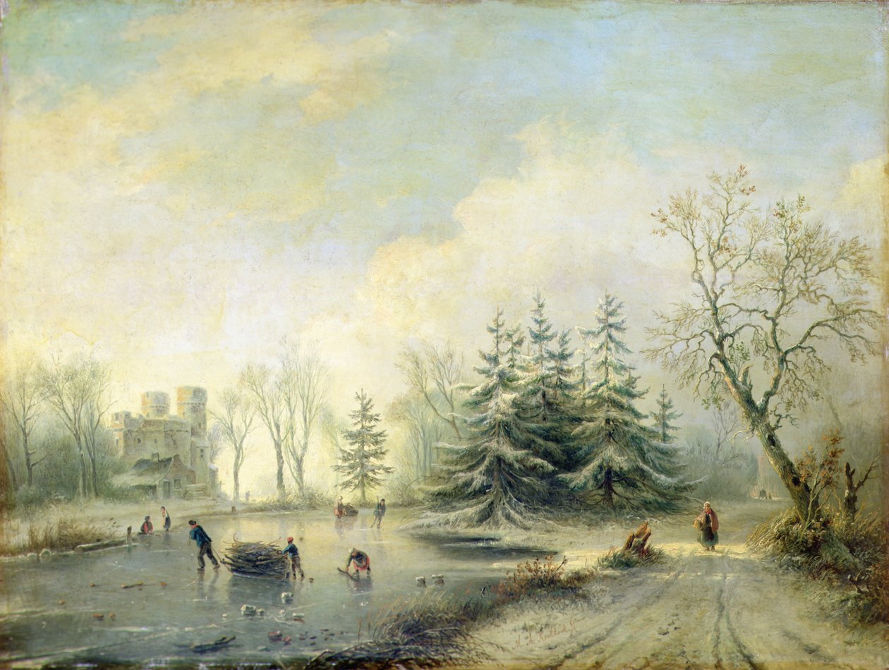 Arbres, château et figures patinant - Marinus Adrianus Koekkoek