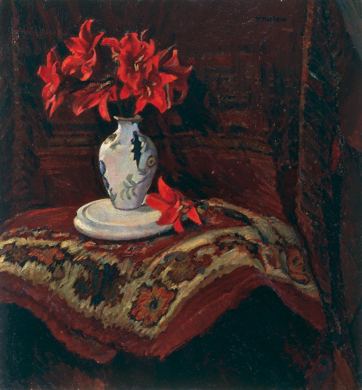 Tapis et vase avec des lys rouges - Mario Puccini
